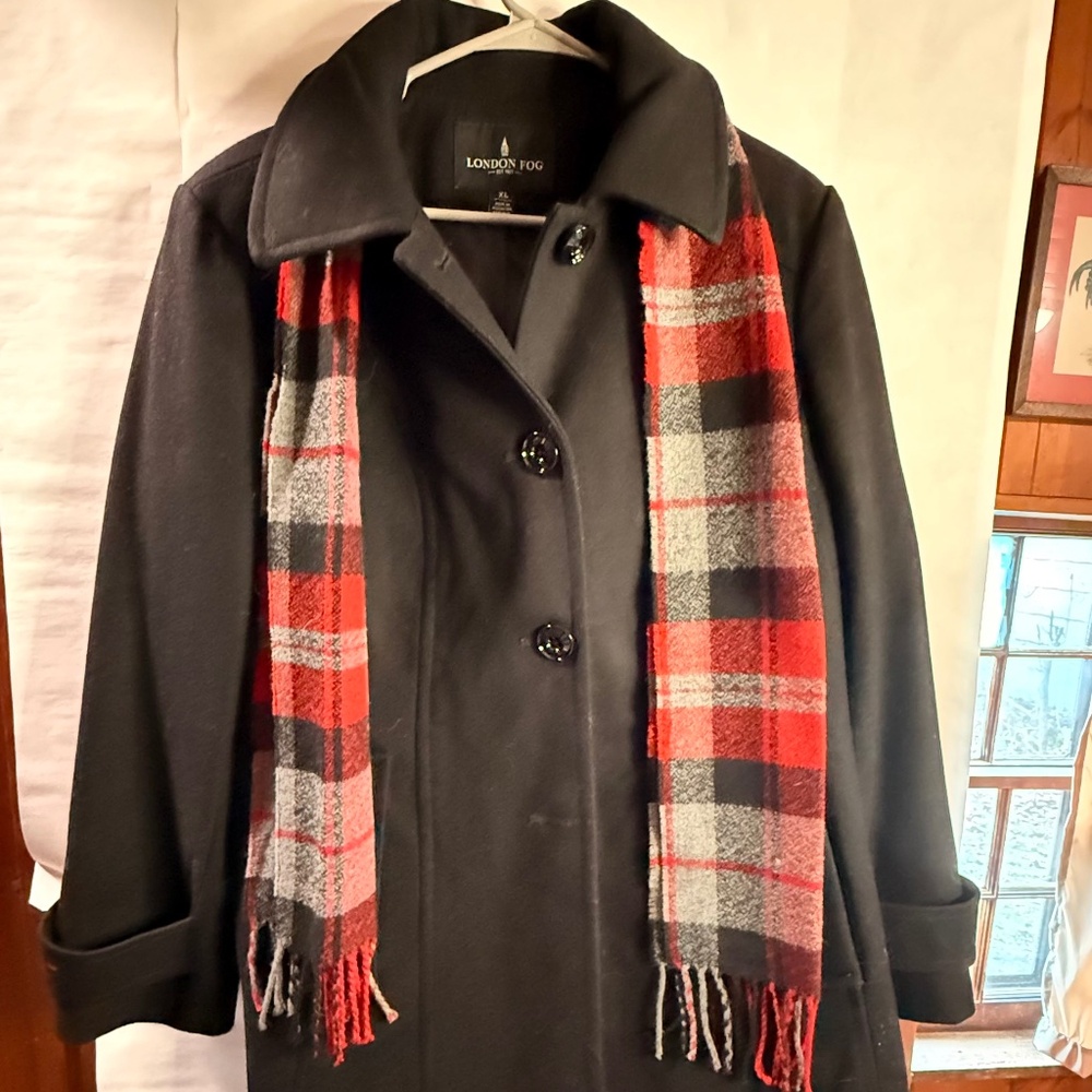 London Fog Black Wool Coat with Red Plaid Scarf – Size XL